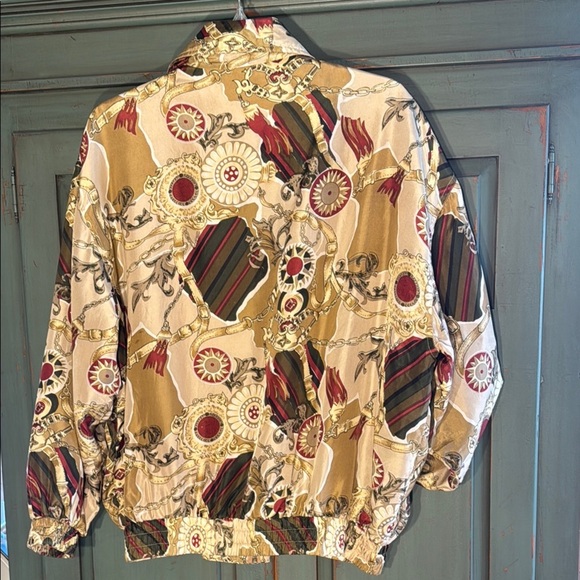 FU DA International Silk Cream and Brown Floral Bomber Jacket Abstract Print - Picture 2 of 14